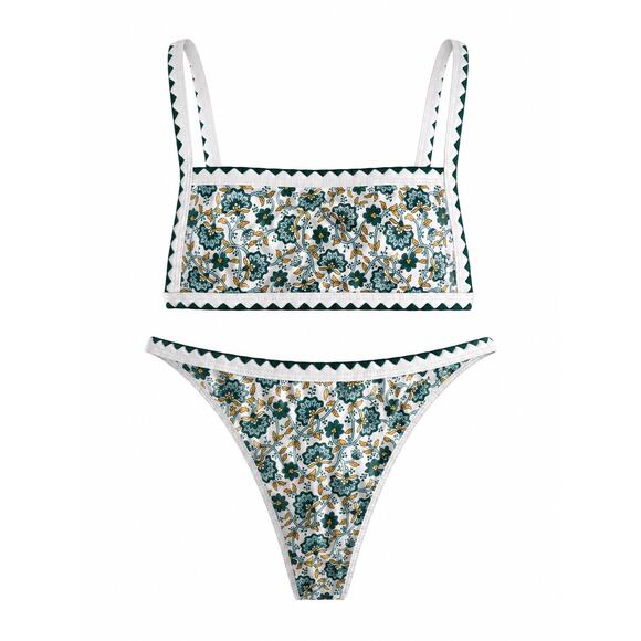 Shein Other - SHEIN Floral Print Bikini Set Green White Scallop Trim High Leg Swimsuit Medium